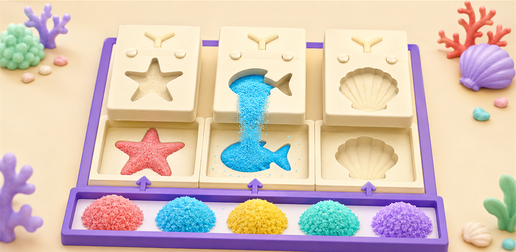 Sand Mold Jam 3D tanıtım illüstrasyonu: renkli kumlarla dolan deniz temalı kalıplar
