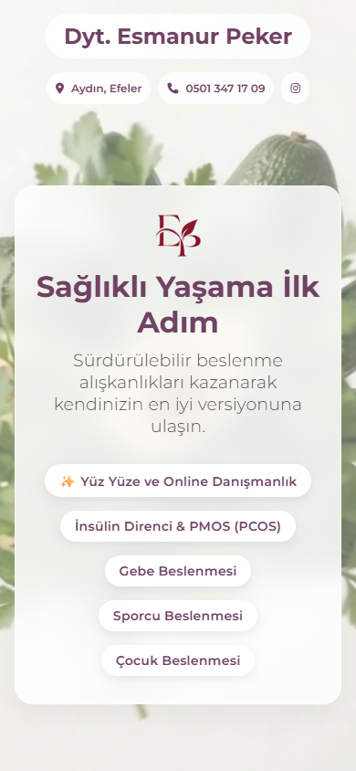 Diyetisyen Esmanur Peker web sitesi mobil görünümü