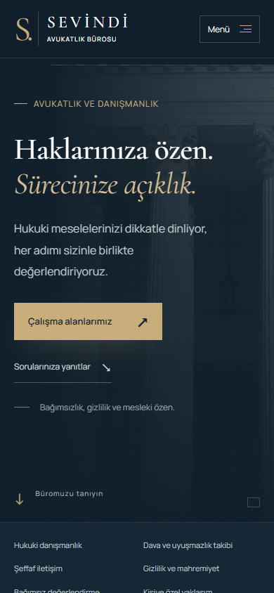 Sevindi Avukatlık Bürosu web sitesi mobil görünümü